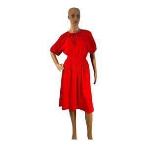 H &M Women Size XS Red Dress Tie Neck Bohemian Short Sleeve Stretch Waist